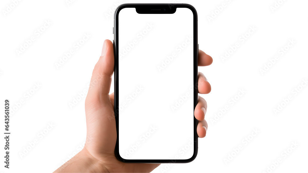 Hand holding blank smartphone on transparent background - obrazy, fototapety, plakaty 