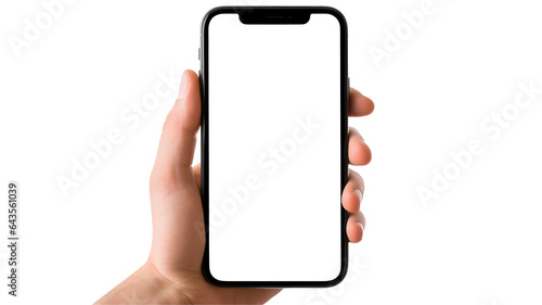 Hand holding blank smartphone on transparent background photo