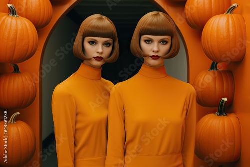 Two women in festive orange dresses and bob haircuts come together to celebrate the fall season with pumpkins, squash, and other gourds, eagerly anticipating a night of trick-or-treating photo