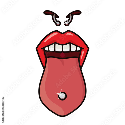 Tongue and nose with piercings isolated vector illustration for Body Piercing Day on June 28