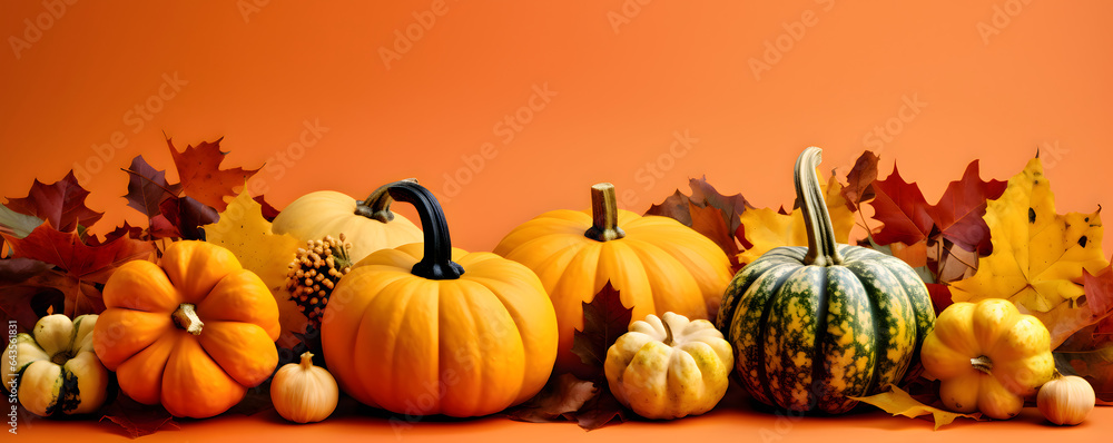 Autumn vegetables and leaves composition in orange colors banner - Artistic food design theme