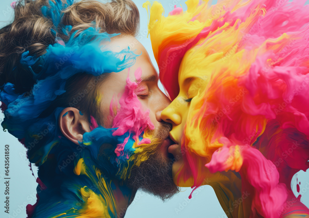 Abstract scene with male and female heads in a passionate embrace covered in bright colors that are spilling over. Bright and vivid colors, irregular shapes. Generative AI.