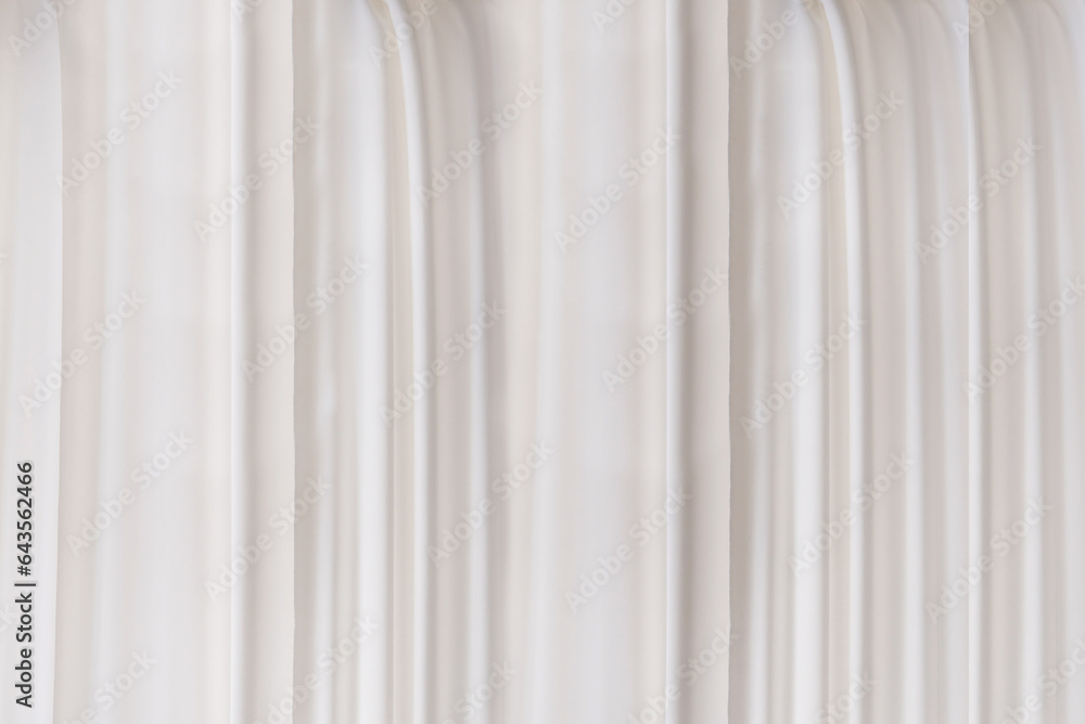 Obraz premium White or light gray curtain fabric texture and background. Large wall curtain. Curtain for hotel presentations. Cream colored cloth.