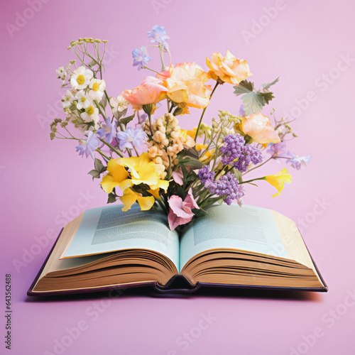  An open book from which a bouquet of various colorful wildflowers emerges. The concept that knowledge brings us joy and beauty. © Popovo