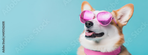 Portrait of a happy corgi dog dressed in ornate clothing with shiny fancy glasses on a minimalist background with large copy space. © Popovo