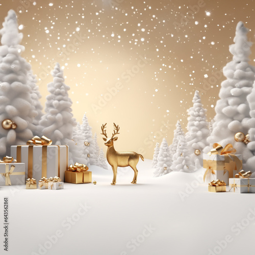 Landscape of a snowy forest full of pine trees, gifts and deer. . white color (ID: 643562861)