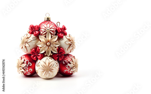 Luxurious red and white Christmas balls with gold, pearls and jewels. Isolated on white. (ID: 643562876)