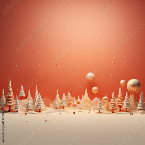 Christmas card with copy space. Landscape of a snowy forest full of pine trees. salmon color (ID: 643563009)