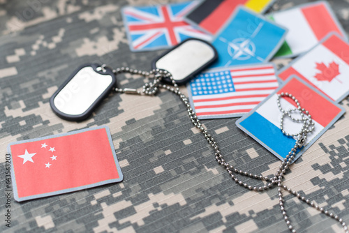 Foto USA and North Korea military relations, Identification dog tags on digital camouflage fabric