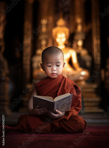 An innocent baby monk reading in temple,  Southeast Asian Buddhist monk sitting at buddhism school monastery reading and studying Buddhist lessen book, an unidentified Asian Buddhist monk reading .