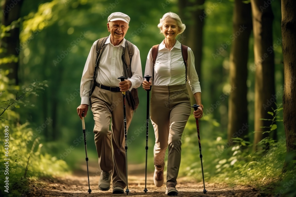 Senior couple with a sticks for nordic walk in a summer forest. Scandinavian walk in a park. AI generated - obrazy, fototapety, plakaty 