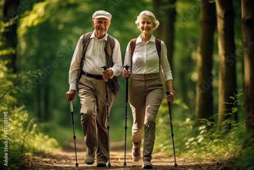 Senior couple with a sticks for nordic walk in a summer forest. Scandinavian walk in a park. AI generated