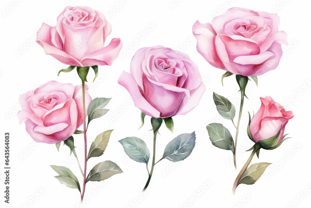 Fototapeta premium Watercolor image of a set of rose flowers on a white background