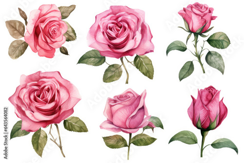 Watercolor image of a set of rose flowers on a white background