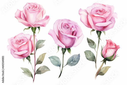 Watercolor image of a set of rose flowers on a white background