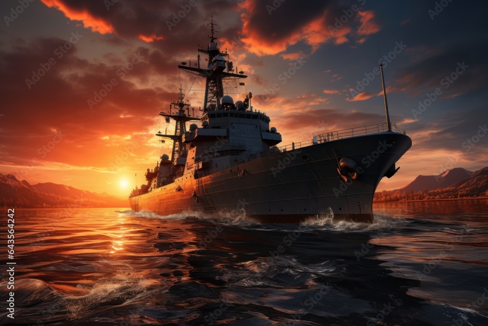 Battle ship, War ship, Sunset time generate with AI. Battle ship, War ship, Sunset time generate with AI.