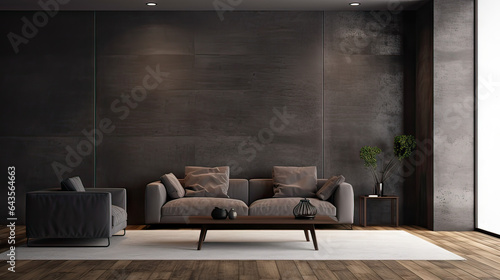Dark living room interior with dark grey or black empty wall