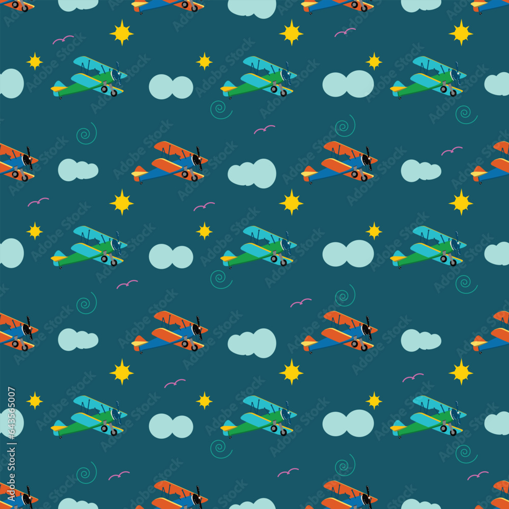 kids sunny day and an aeroplane with blue background seamless repeat pattern kids sunny day and an aeroplane with blue background seamless repeat pattern