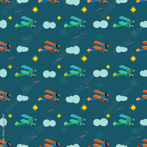  kids sunny day and an aeroplane with blue background seamless repeat pattern