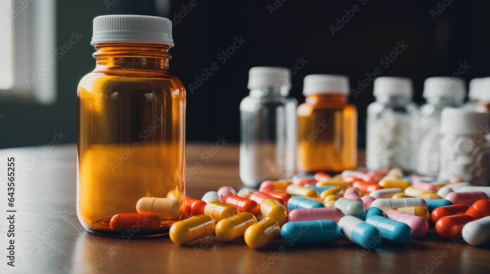 Polypharmacy, use of multiple medications, taking many different medications daily, risk of drug interactions. Prescribing and deprescribing medications. Many various pills and capsules - obrazy, fototapety, plakaty 