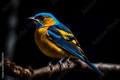 Tanager bird with blue and yellow colours perched on a branch against a black background. superior photograph Generative AI