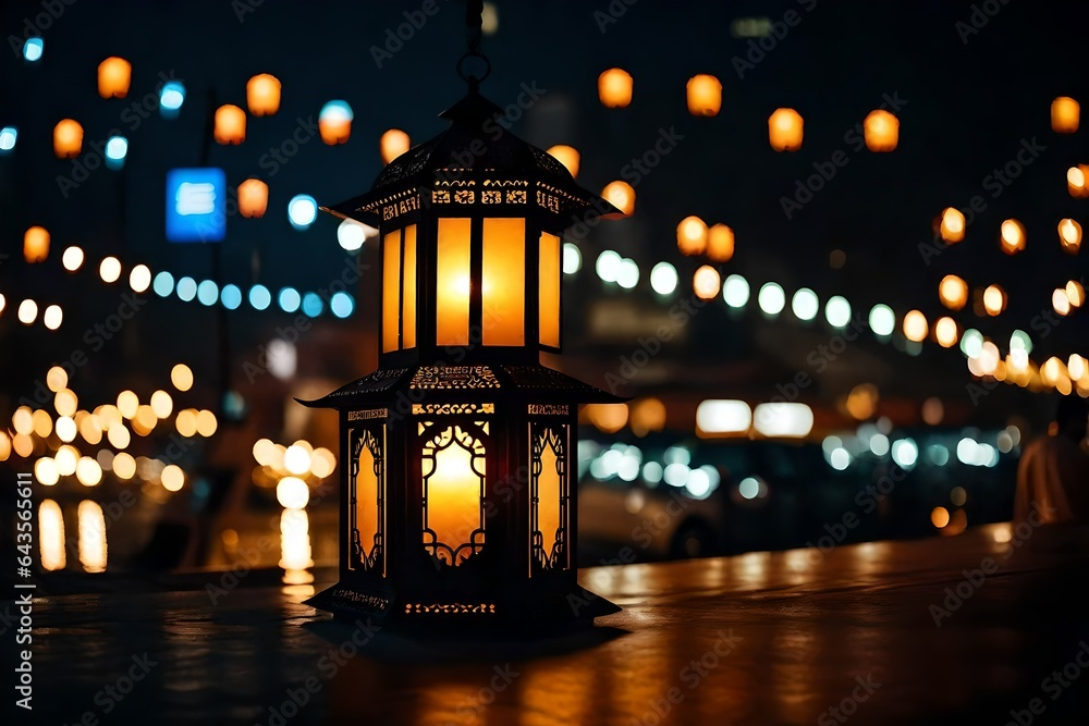 Around dusk, a lantern in the city Background of Ramadan Kareem Generative AI