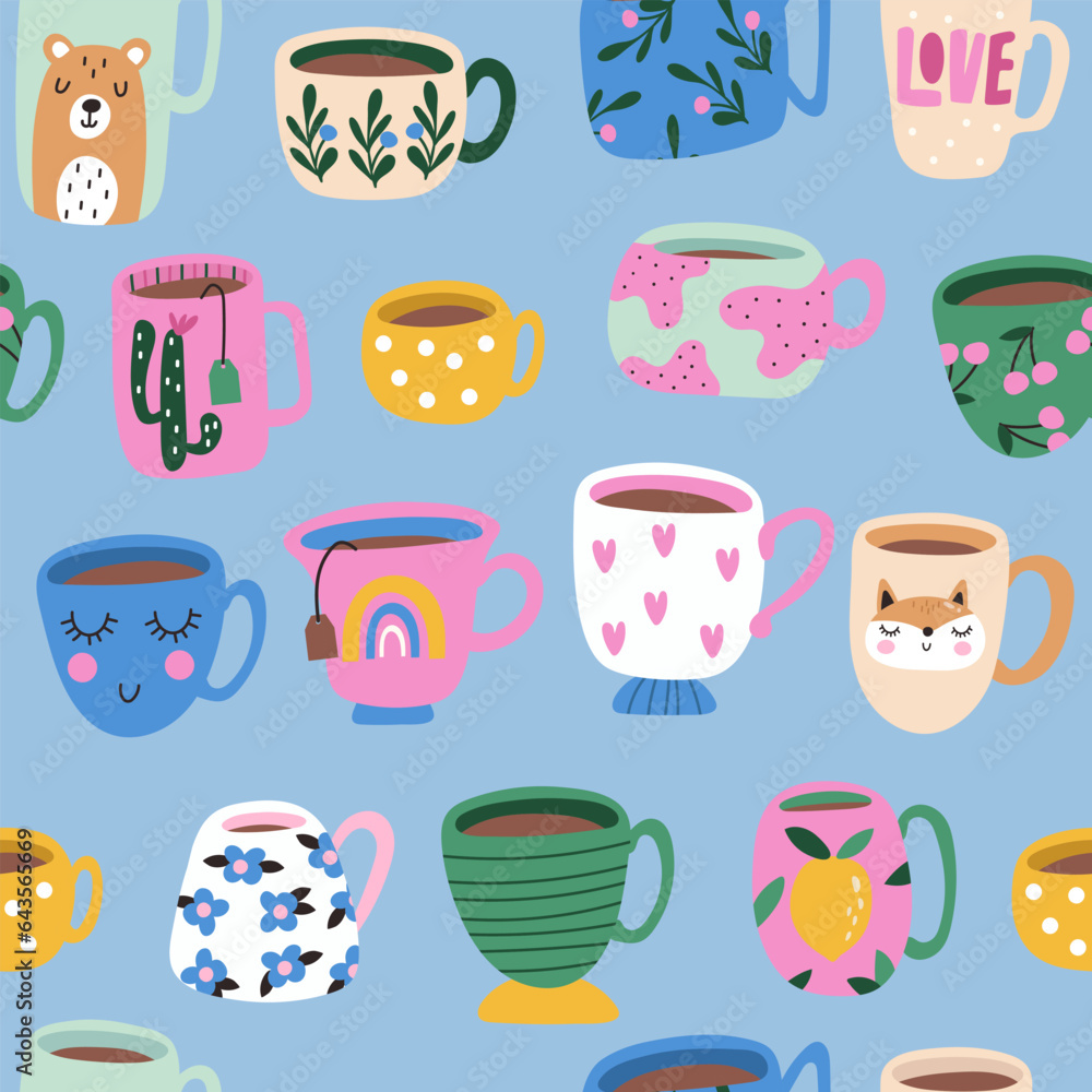Seamless pattern with Hand drawn various Coffee and tea cup. Vector illustration.