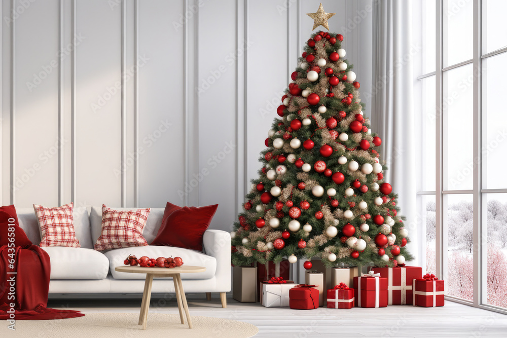 Cozy modern nordic style living room interior with christmas tree decoration. White winter season at home. Cozy modern nordic style living room interior with christmas tree decoration. White winter season at home.