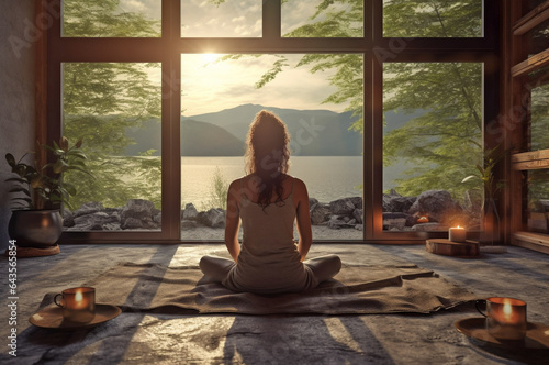 silhouette of woman yoga practice in wooden studio with beautiful nature mountains landscape view in background