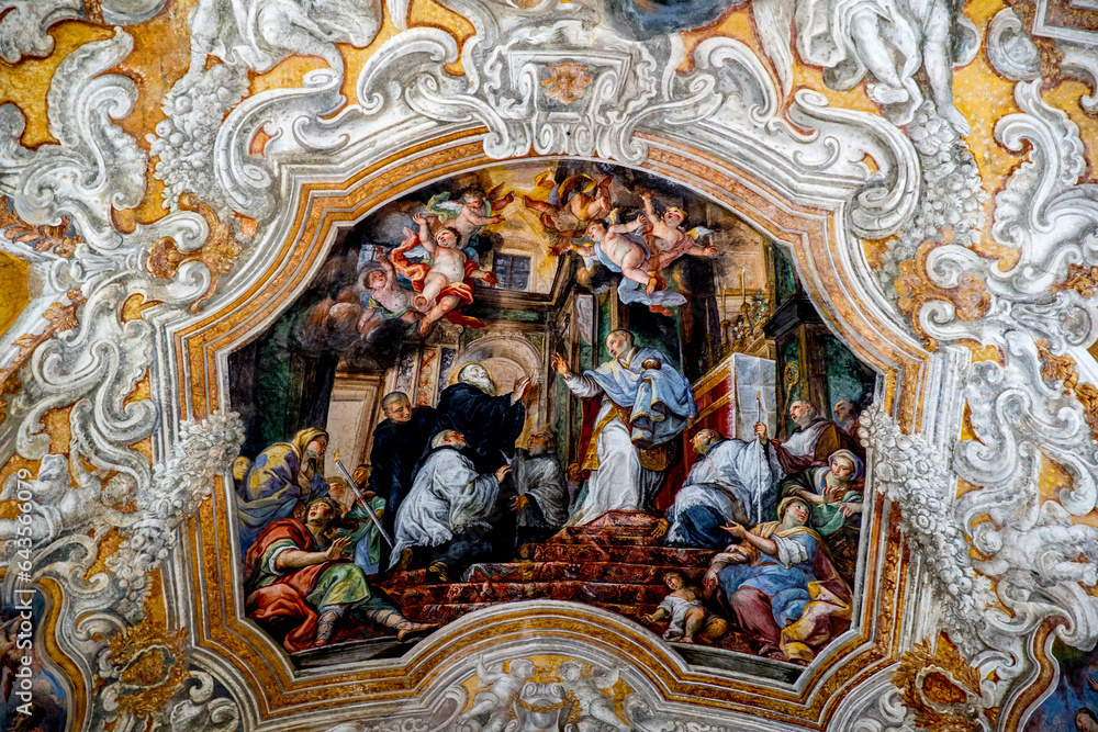 San Benedetto (St Benedict) church, Catania, Sicily (Italy). St Benedict fresco detail (18th century).
