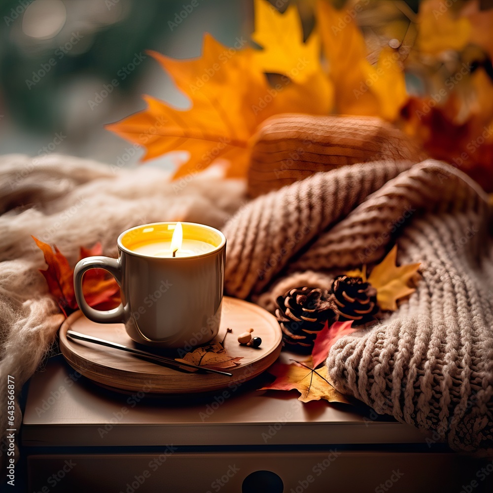 Fall aesthetics, candle in coffee mug, autumn interior decor with cozy blanket and burning candles - obrazy, fototapety, plakaty 