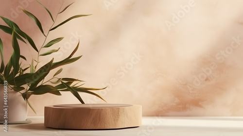 Podium, stand on pastel light stucco background. Unobtrusive background with plant and shadow on the wall. Mock up for exhibitions, presentation of products, AI Generated