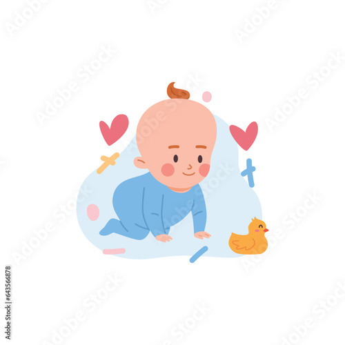 Baby toddler playing toys and beginning to crawl flat vector illustration isolated.