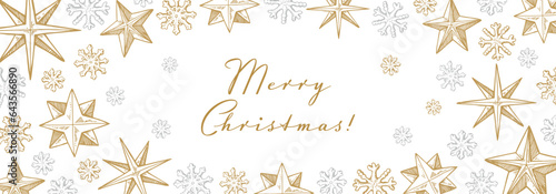 Merry Christmas and Happy New Year horizontal greeting card with hand drawn golden stars and snowflakes. Vector illustration in sketch style. Holiday festive background