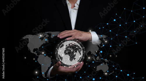 Businessman using world map interface 3D rendering