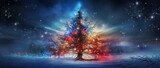 A Christmas tree adorned with a star and baubles on a gently blurred blue backdrop.