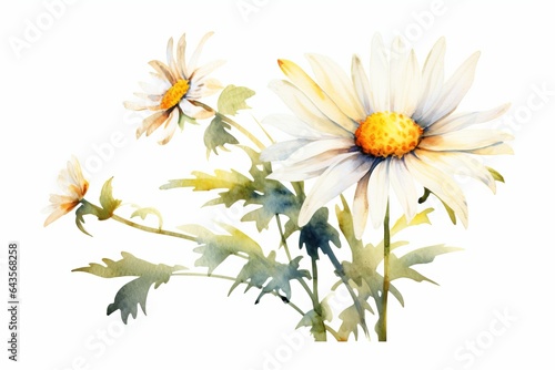 Watercolor painting of a white Daisy flower with green leaves on a transparent background