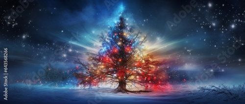 A Christmas tree adorned with a star and baubles on a gently blurred blue backdrop.