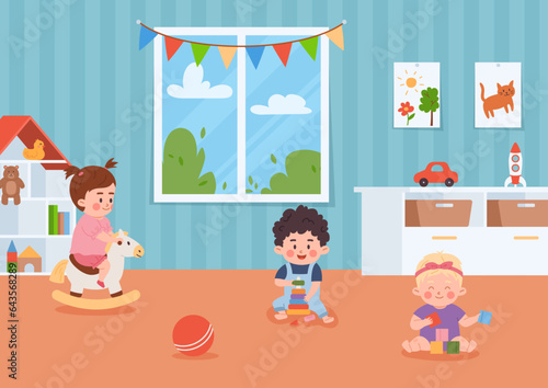Babies play toys and educational games in kindergarten flat vector illustration.