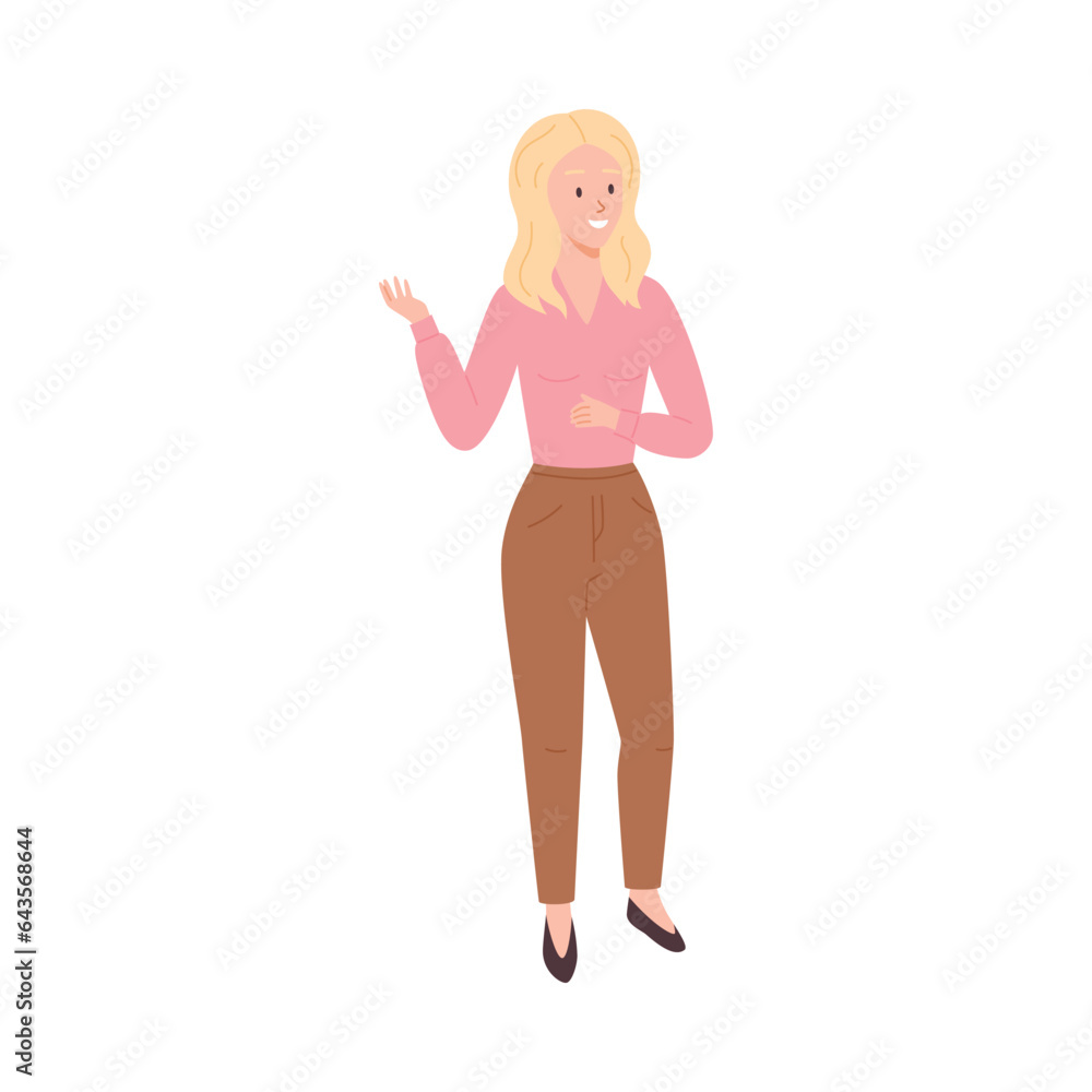Blonde woman in presenting pose, explaining, showing, pretty young business mentor, vector lecturer coach or teacher Blonde woman in presenting pose, explaining, showing, pretty young business mentor, vector lecturer coach or teacher