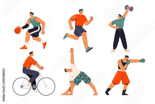 Male physical activity collection. Vector cartoon illustration in flat style of a young man who jogs, plays basketball, rides a bike, does boxing, etc. Isolated on white