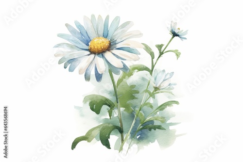 Watercolor painting of a white Daisy flower with green leaves on a transparent background