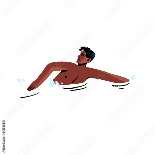 People swim in ocean on vacation. Young man does water sport, swimmer rests in swimming pool on resort, sporty boy relax in sea. Beach activities in summer. Flat isolated vector illustration on white