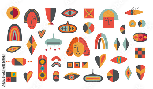 Mid century modern. Trendy geometric futuristic shapes, faces, eyes. Post modernism. Retro vintage colors. 1960s. 