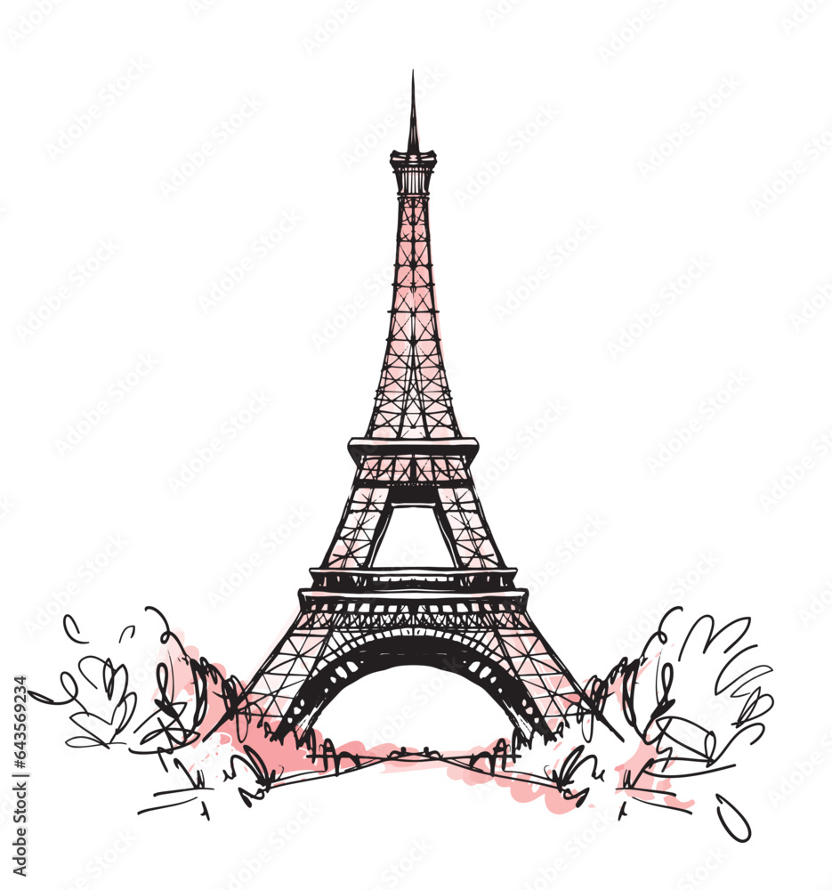 Eiffel Tower in France with trees, straight view, pink watercolor doodle sketch, vintage postcard, France symbol sticker. Modern engraving on a white background.