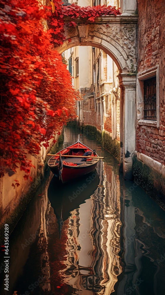 the mystique of Venice in the fall. Document a solitary gondolier navigating the quiet canals, the historic buildings' facades adorned with ivy turning crimson and gold - obrazy, fototapety, plakaty 