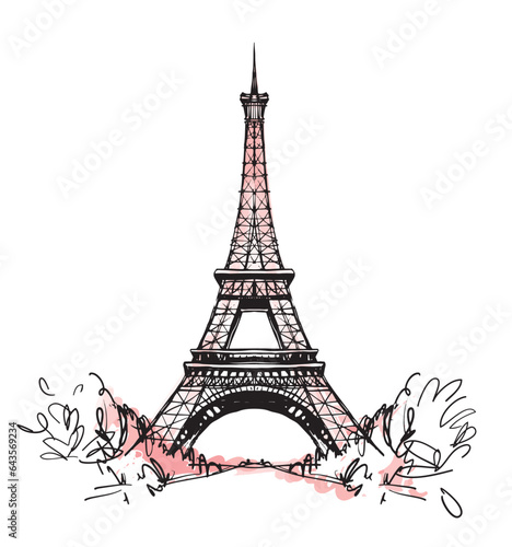 Fototapeta Naklejka Na Ścianę i Meble -  Eiffel Tower in France with trees, straight view, pink watercolor doodle sketch, vintage postcard, France symbol sticker. Modern engraving on a white background.