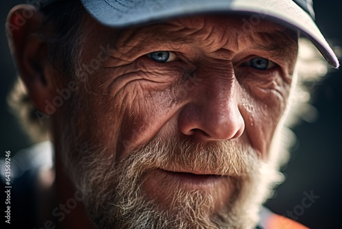 close-up of an elderly man s face  beads of sweat visible  as he pushes through a challenging jog in a park during the early morning