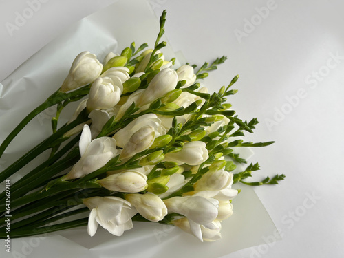 Bouquet of white freesias on white paper. Close-up. Buds and flowers
