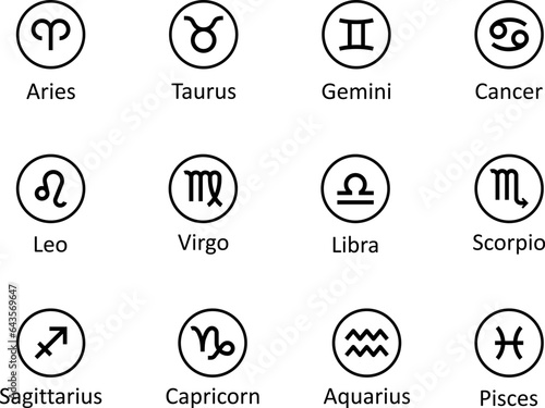 Zodiac signs, vector. Horoscope. Zodiac signs symbols: Aries, Taurus, Gemini, Cancer, Leo, Virgo, Libra, Scorpio, Sagittarius, Capricorn, Aquarius and Pisces.